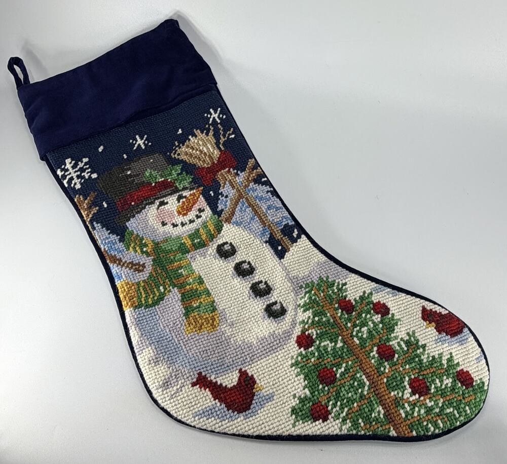 Vtg Wool Needlepoint Christmas Stocking Snowman Cardinal Blue White 17" Velvet
